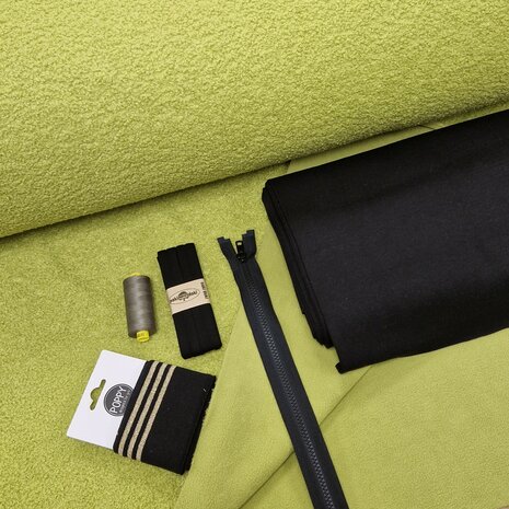 teddyfleece oud lime met guterman garen olijf groen en metboord en rits en cuff een biasband zwart - dubbelzijdig - poppyfabric