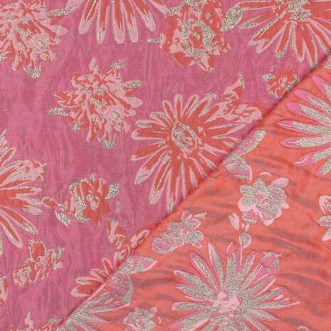 Jacquardstof roze rood oranje bloem KicKenStoffen 03585.002