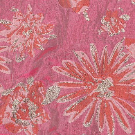 Jacquardstof roze rood oranje bloem KicKenStoffen 03585.002