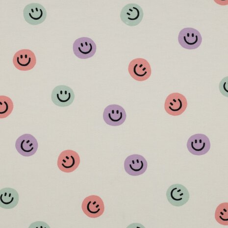 smiley flanelstof Poppy fabrics - kickenstoffen roze  lila mint