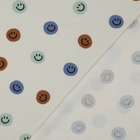 smiley flanelstof Poppy fabrics - kickenstoffen blauw bruin mint