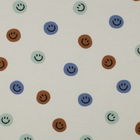 smiley flanelstof Poppy fabrics - kickenstoffen blauw bruin mint