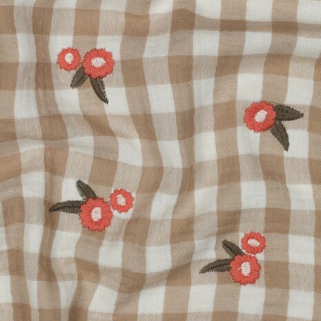 ruitjes en geborduurde bloemen hydrofiel beige - kickenstoffen - poppy