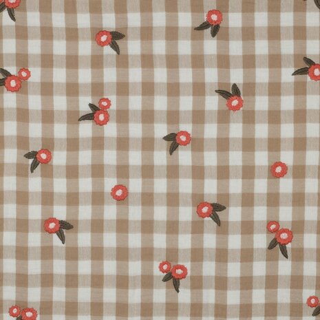 ruitjes en geborduurde bloemen hydrofiel beige - kickenstoffen - poppy