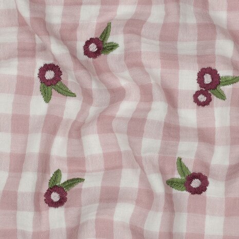 ruitjes en geborduurde bloemen hydrofiel mauve - kickenstoffen - poppy