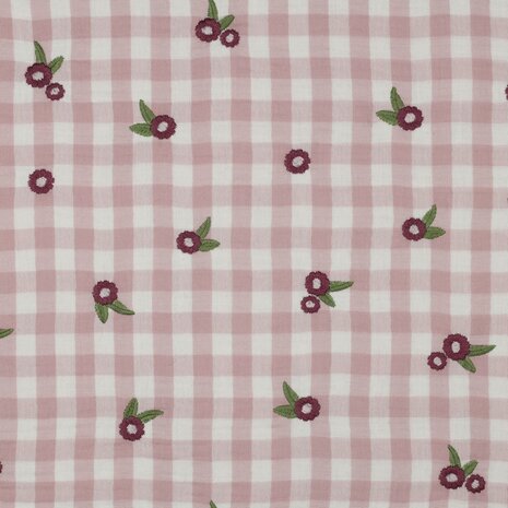 ruitjes en geborduurde bloemen hydrofiel mauve - kickenstoffen - poppy