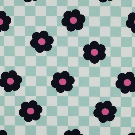 Poppy french terry blocks and big flowers mint blauw roze van KicKenStoffen