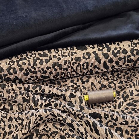 luipaardprint stretch corduroy rib - guterman garen donker taupe - zwart katoenen velvet KicKenStoffen