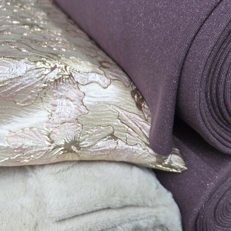 jacquard stof bloem goud - glitter jogging mauve - fake fur - KicKenStoffen