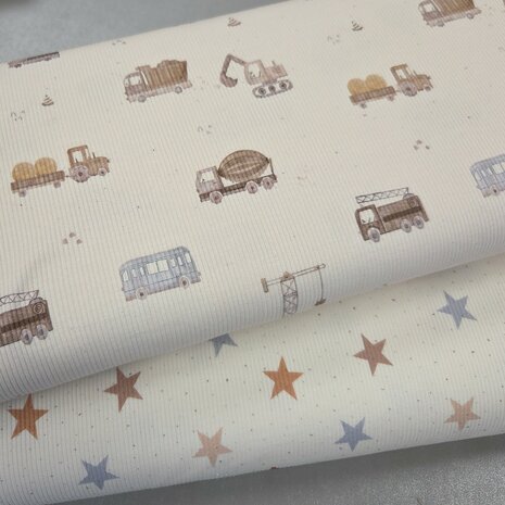 ribtricot soft sterren en werkvoertuigen Kickenstoffen