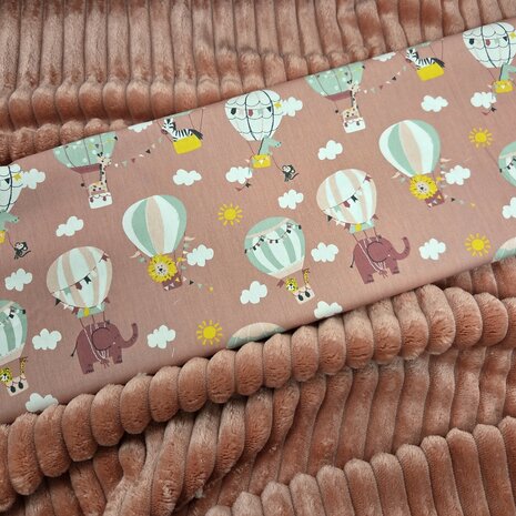 roze minky brede strepen fleece met luchtballon katoen - kickenstoffen Swessie