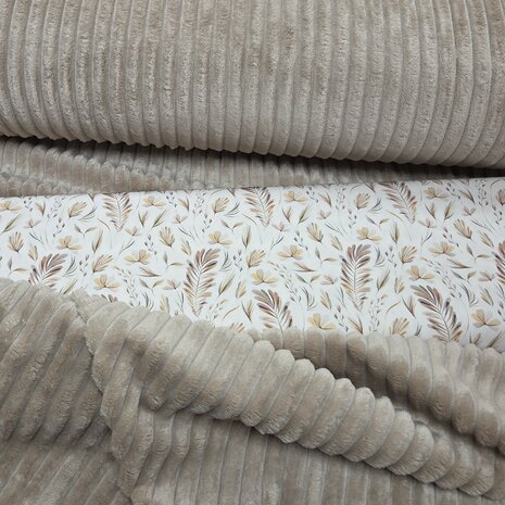 beige minky brede strepen fleece met wilde blaadjes katoen - kickenstoffen Swessie