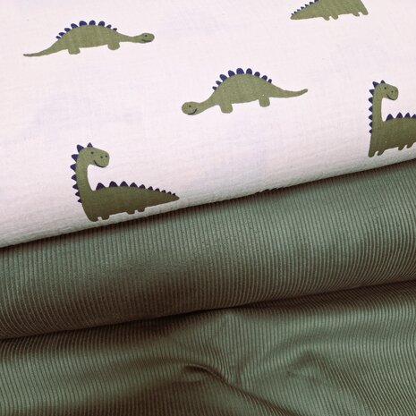 corduroy olijf groen met biologische hydrofiele dino stof  - kickenstoffen