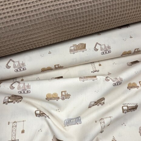 bouwvoertuigen natural poplin met taupe wafelkatoen - kickenstoffen