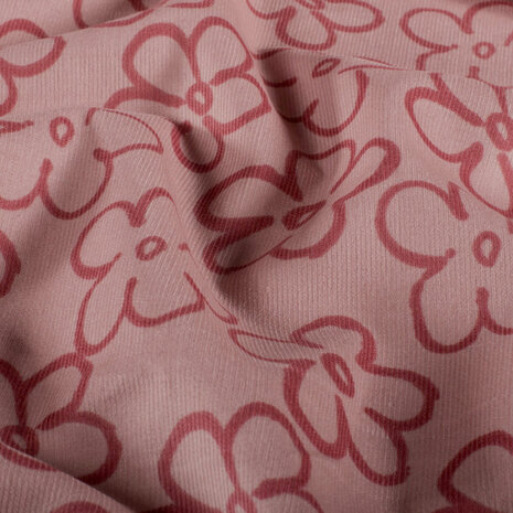Jursie getekende bloemen corduroy rib roze KicKenStoffen