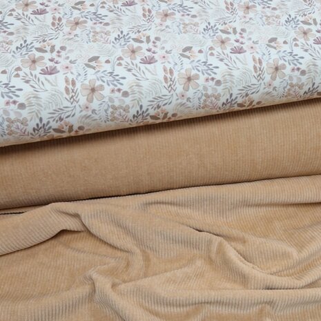 Bosplanten tricot met perzik ribfluweel tricot KicKenStoffen - BEEBSstofjes