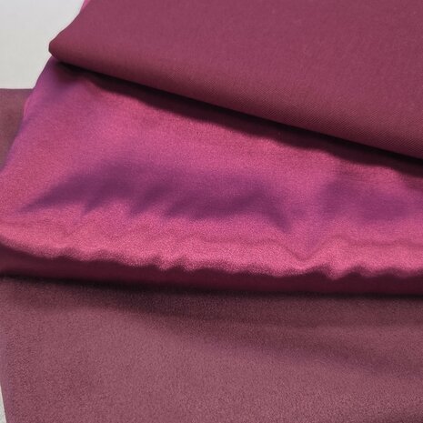 stretch satijn kardinaal roze - scuba suedine mauve - stretch gabardine bordeaux