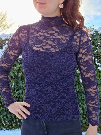 luxe stretchkant marine blauw top met ondertop in katoen tricot 5160 - gemaakt door mbym.sewing