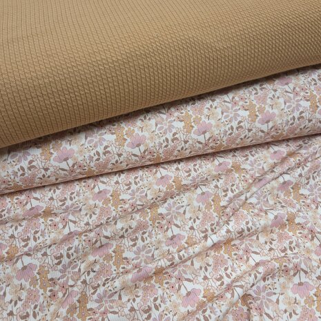 perzik mini kabel tricot met bloemetjes rib tricot