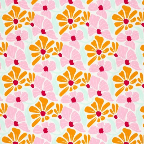 katoenen tricot met fel gekleurde grote bloemen oranje roze