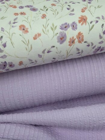 ruffle jersey lila met bloemetjes ribtricot kickenstoffen - jursie