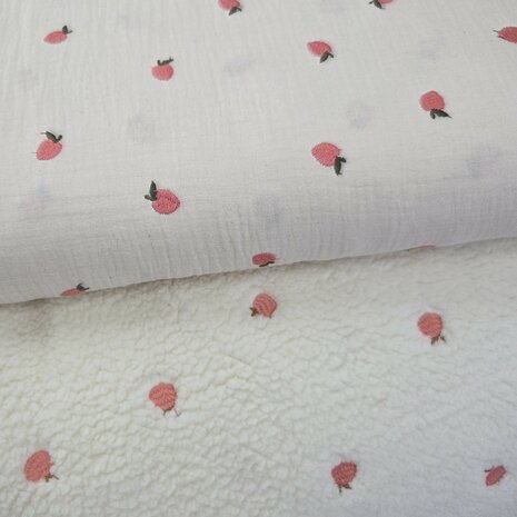 hydrofiel stof en teddy met perzikjes Poppy  - kickenstoffen