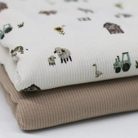 Rib-Jersey-Fabric-Mini-Farm-Life-and-beige-plain