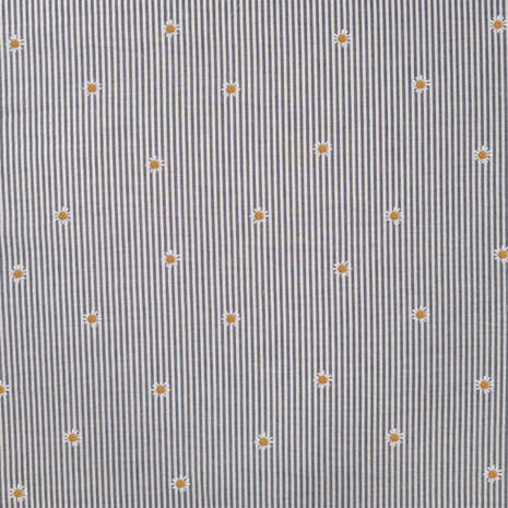 seersucker donker blauw wit streepje met madeliefjes geborduurde bloemetjes van KicKenStoffen