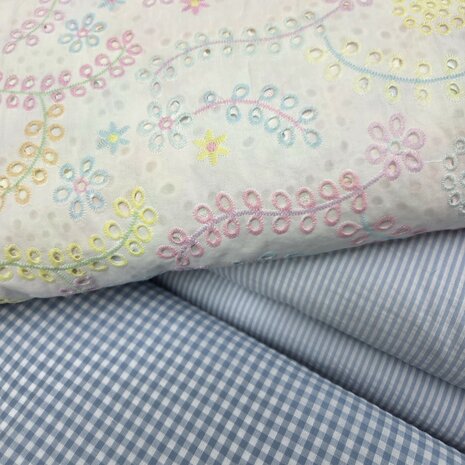 multi color pastel broderie met seersucker kickenstoffen