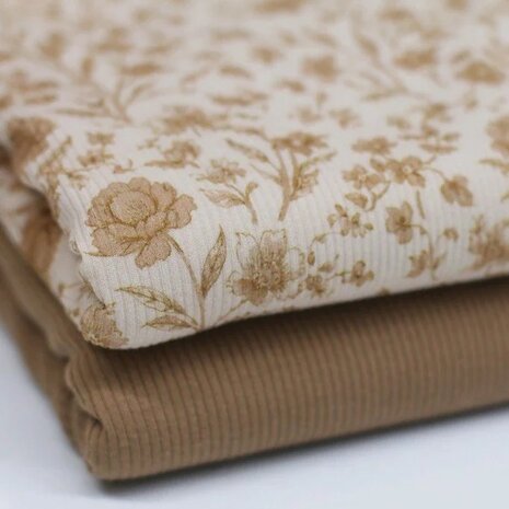 Rib-Jersey-Fabric-Beige-Vintage-Flower-with-camel