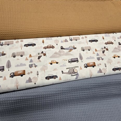 Swessie roadtrip digitale katoen kickenstoffen met camel en jeans blauw wafel