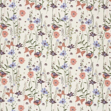 Katoen veldbloemen &ndash; lila, roze-terracotta en donkerpaars op off white