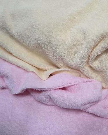 badstof dubbelgelust roze en geel kickenstoffen