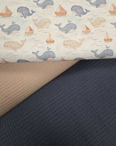wit beige blauw Walvissen udi digitale katoen *S