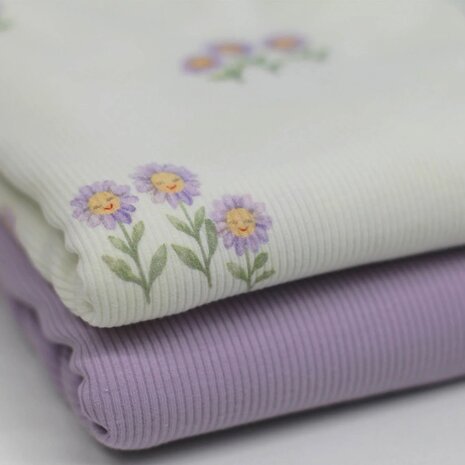 Rib-Jersey-Fabric-Pastel-Lilac-and-Sunflowers-kickenstoffen