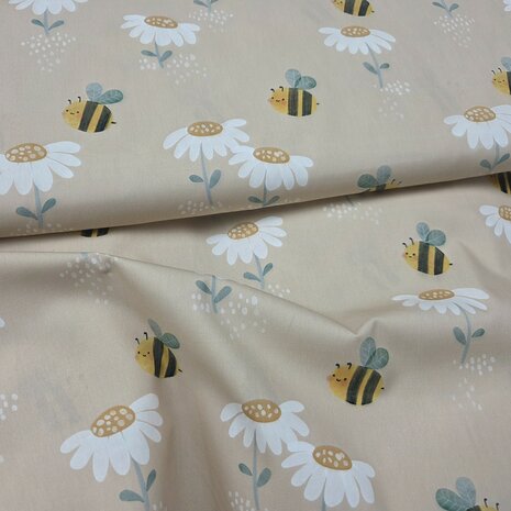 Qjutie Digitale Poplin Katoen Daisy Flowers &amp; Bijen &ndash; Camel Oker