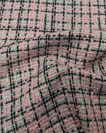 zwart roze boucl&eacute; tweed stof met subtiele glans