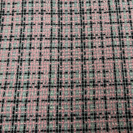 zwart roze boucl&eacute; tweed stof met subtiele glans