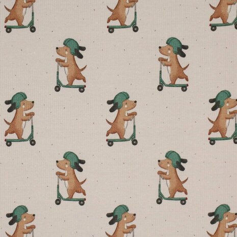 Rib-Knit-Jersey-Fabric-Dogs-On-Stunt-Scooter-kickenstoffen-beebs
