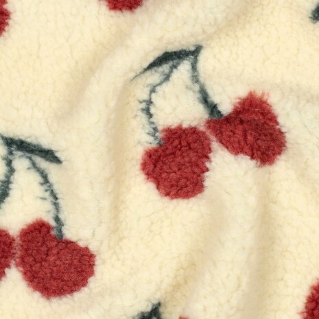 teddy met grote kersen op ecru ondergrond - poppy fabrics 01953 - kickenstoffen
