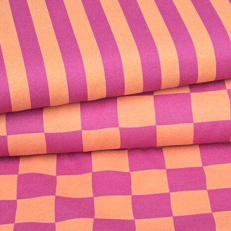 canvas half panama fuchsia oranje strepen en blokken - kickenstoffen