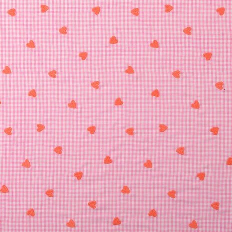Seersucker ruitje met geborduurde hartjes roze
