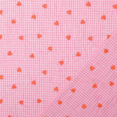 voor en achterkant - Seersucker ruitje met geborduurde hartjes roze