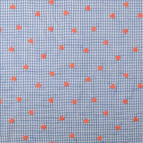 Seersucker ruitje met geborduurde hartjes blauw