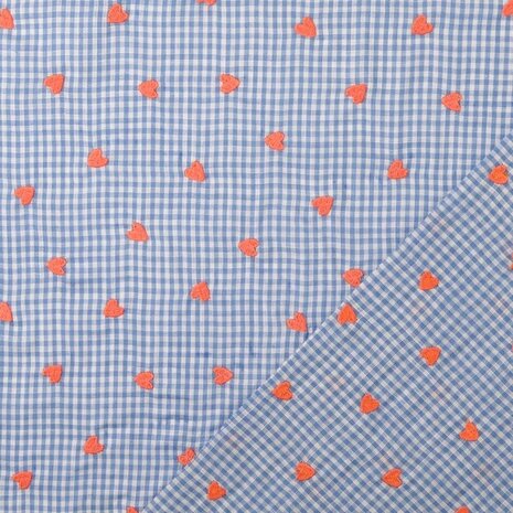 voor en achterkant - Seersucker ruitje met geborduurde hartjes blauw