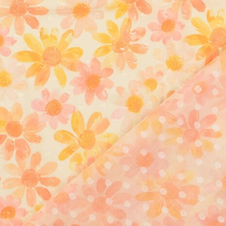 voor en achterkant - Cotton Voile Dobby Digital Abrikoos - Bloemen kickenstoffen
