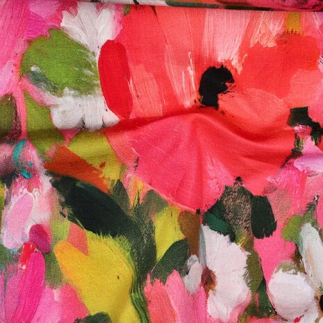 Poppy French Terry Digital Bloemen Fuchsia