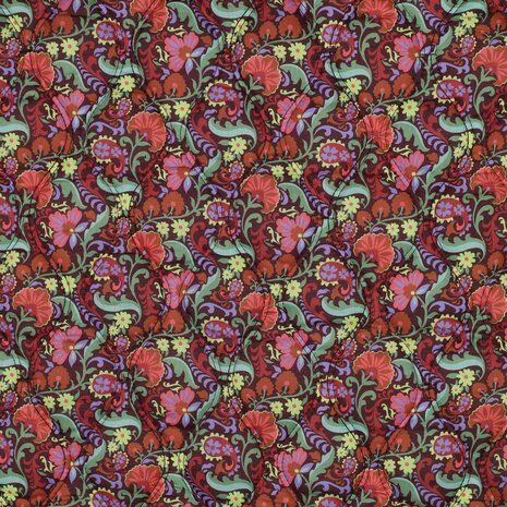 Cotton Voile Stepped Digital Flowers &amp; Stripes Bordeaux 01959