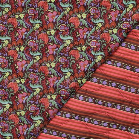 Cotton Voile Stepped Digital Flowers &amp; Stripes Bordeaux 01959