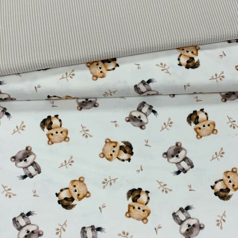 flanel diertjes en streepjes seersucker beige - kickenstoffen